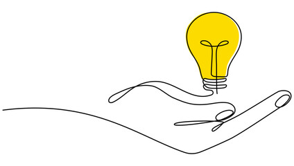 Poster - lighting lightbulb on hand one continuous line drawing. linear electric yellow lamp. vector isolated