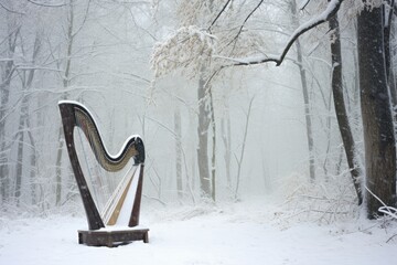 Wall Mural - a harp in a snowy forest with soft snowfall