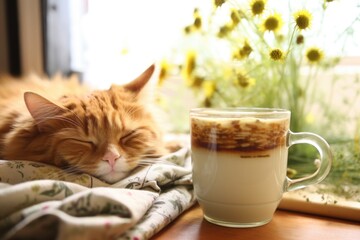 Canvas Print - herbal tea in a cup next to a slumbering cat