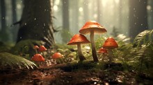 Mushrooms In A Lush Forest During Rain