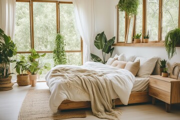 Wall Mural - a neat bedroom with natural light and green plants