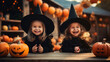 children in halloween costumes, photo portrait of two 5 years old girls wearing witch costumes and hats, decorated Halloween yard on background
