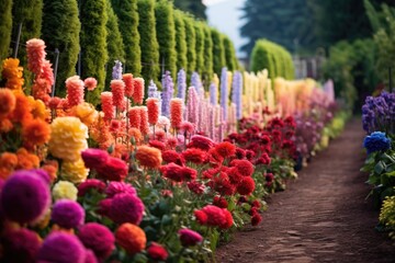 Canvas Print - perfectly arranged, colorful rows of flowers in a garden