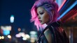 A woman with avant-garde neon makeup and a metallic hair design stands out against the atmospheric canvas of an urban nightscape. The stark contrast accentuates the merging of fashion and futurism.