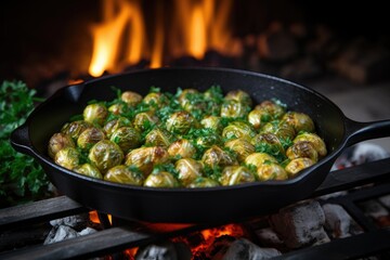 Sticker - brussel sprouts cooking in a cast iron pan