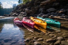 Colorful Kayaks On Rivers Sandy Shore