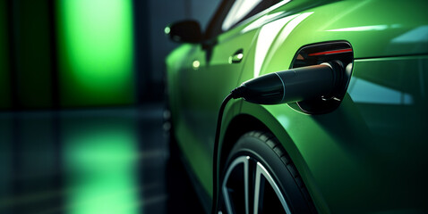 Closeup of electric car plug charging in green colors, ecology and future concept with copyspace