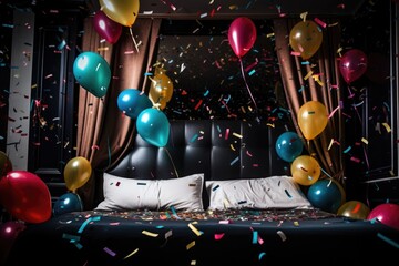 Wall Mural - balloons and confetti on a bed for a hotel celebration