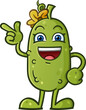 Adorable cute pickle cartoon character with a yellow flower bow pointing confidently and smiling happily 