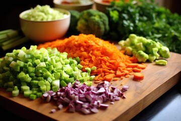 Sticker - close up shot of a chopping board with finely chopped vegetables