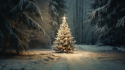 christmas tree in the forest at night