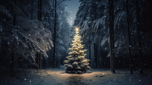 Christmas Tree In The Forest At Night