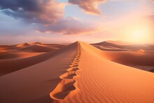 A Trail Of Footsteps In Desert Sand, With A Distant Dune And Skyline. Generative AI