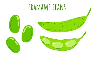 Edamame beans and pods cartoon set. Shelled and unshelled green soybean. Healthy asian food. Vegan protein. Flat vector illustration isolated on white background. 