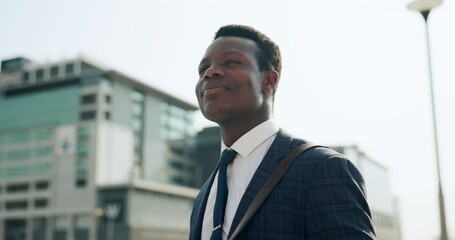 Poster - City, thinking and business black man with ideas for job, work and career opportunity on morning commute. Pride, success and professional worker in urban town with confidence for startup company