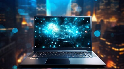Poster - laptop on modern technological background - innovative workspace concept