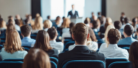 a conference of businessmen, work, a meeting of employees, a lecture with a large number of listeners and a speaker in the background