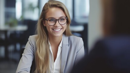 Happy business woman at office meeting. Smiling female hr hiring recruit at job interview