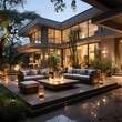 Modern high-tech country house, backyard with outdoor furniture and large fire pit, swimming pool, evening time, night lighting, rich life, villa.