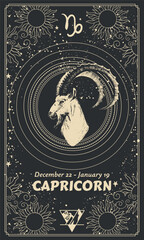 Canvas Print - Capricorn zodiac sign, modern astrology card with horoscope symbols, sun, moon and stars, vintage illustration on black mystical background, vector template for stories.