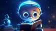 happy android kid: adorable cartoon robot child engaged in reading, anthropomorphic AI art