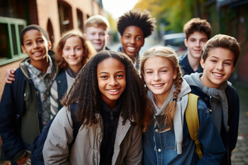 Students at the school yard, a happy and diverse pupils, schoolboys and schoolgirls