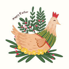 Wall Mural - easter greeting with chicken. hen and leaves floral illustration