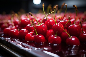 Wall Mural - Red Cherries Freshly Picked on a Conveyor Belt.