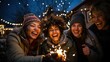 Multiracial group of friends smiling holding sparklers outdoors on christmas season. Generative AI.