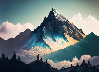 Wall Mural - Mountain peak and tree landscape with could overlayed in the foreground on digital art, Generative AI.