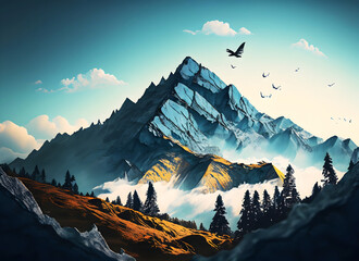 Wall Mural - Mountain peak and tree landscape with could overlayed in the foreground on digital art, Generative AI.