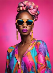 Poster - fashion portrait of young african african american woman wearing colorful sunglasses and colorful colorful clothes, posing in studio.fashion portrait of young african african american woman wearing co