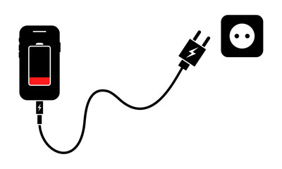 Low charging phone. Smartphone connection on socket to charge battery. Usb cable and mobile phone. Vector 10 Eps.