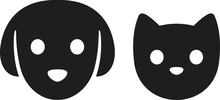 Cat And Dog Head Icon. Simple Stylized Pet Face Pictogram, Black Silhouette With Eyes And Nose. 