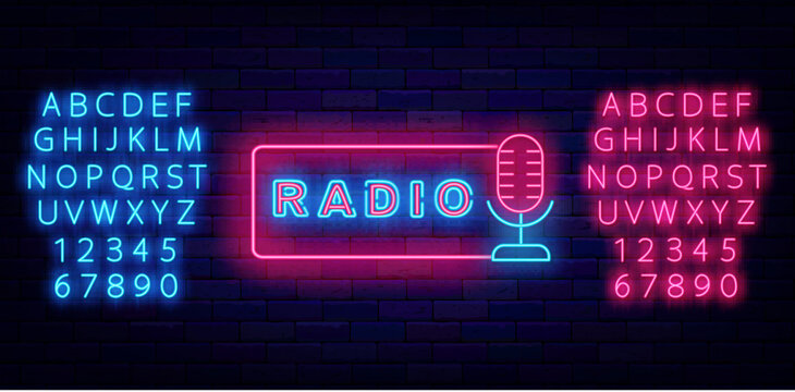 Radio music neon emblem. Streaming on air. Frame with microphone. Online streaming concept. Vector stock illustration