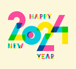 Happy New Year 2024 retro illustration, riso, risograph print effect. Big colorful layered numbers, trendy brutalist geometric style letters. Card, poster, social media bright modern template.