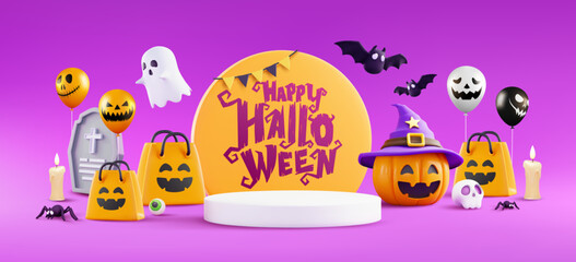 Wall Mural - Happy Halloween Sale Poster or banner template with Halloween pumpkins,cute ghost,balloon and shopping bag.Realistic 3d objects in cartoon style.Website spooky or Halloween banner template.