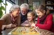 Grandparents and grandchildren engaging in a friendly board game competition, illustrating the love and creation of fun and bonding activities, love and creation
