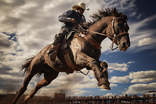 The Dynamic Energy Of A Rodeo Rider Atop A Bucking Bronco, Illustrating The Love And Creation Of Exhilarating Equestrian Sports, Love And Creation
