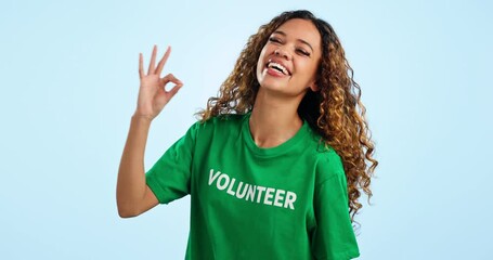 Poster - Face, woman and volunteer with ok sign, perfect and opportunity on a blue studio background. Portrait, person and charity worker with presentation, review and mockup space with feedback, like or icon