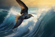 A close-up of a storm petrel soaring above turbulent ocean waters, illustrating the resilience of wildlife in the midst of storms, love and creation