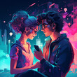 Valentine's Embrace in the Digital Age: A Couple Illuminated by Neon, United Amid a Cityscape by the Glow of Screens, Symbolizing Love's Innovative Path