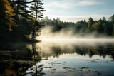Fototapeta  - The serene beauty of a morning fog rolling in over a quiet lake, emphasizing the atmospheric transformations brought by changing weather, love and creation