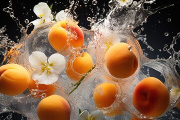 Poster - Fresh peaches floating in a bowl of water. Perfect for healthy lifestyle, summer recipes, and refreshing concepts.