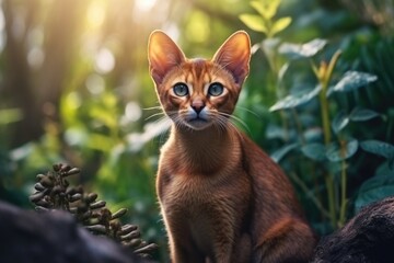 Aufkleber - A cat is pictured sitting on top of a rock in a serene forest setting. This image can be used to depict nature, animals, or tranquility in various design projects.