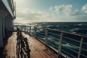 Poster - A breathtaking view of the ocean as seen from the deck of a cruise ship. Perfect for travel and vacation themes.