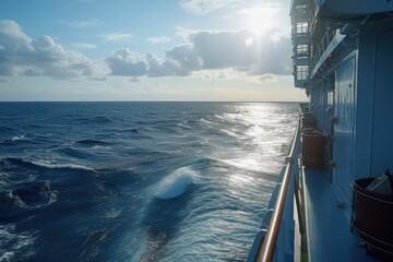 Poster - A beautiful view of the ocean taken from a cruise ship. This picture captures the vastness and serenity of the open sea. Perfect for travel brochures, vacation advertisements, or any project that requ