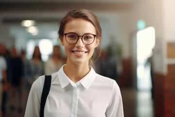 Poster - A woman wearing glasses and a white shirt. Suitable for professional or casual settings.