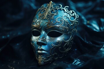 Poster - A silver mask rests on a black cloth, creating a mysterious and elegant atmosphere. Perfect for masquerade parties or theatrical performances.