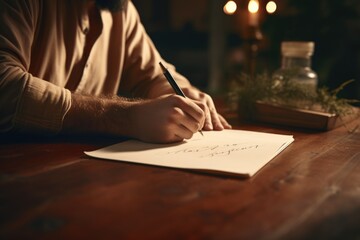 Poster - A man is seen writing on a piece of paper with a pen. This image can be used for various purposes such as education, business, communication, or creativity.